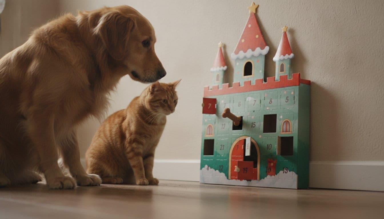 Chien et chat devant un calendrier de l'avent pour animaux