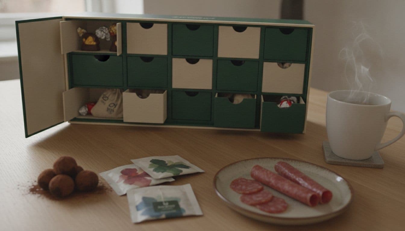 Calendrier de l'avent gourmand ouvert sur une table de cuisine