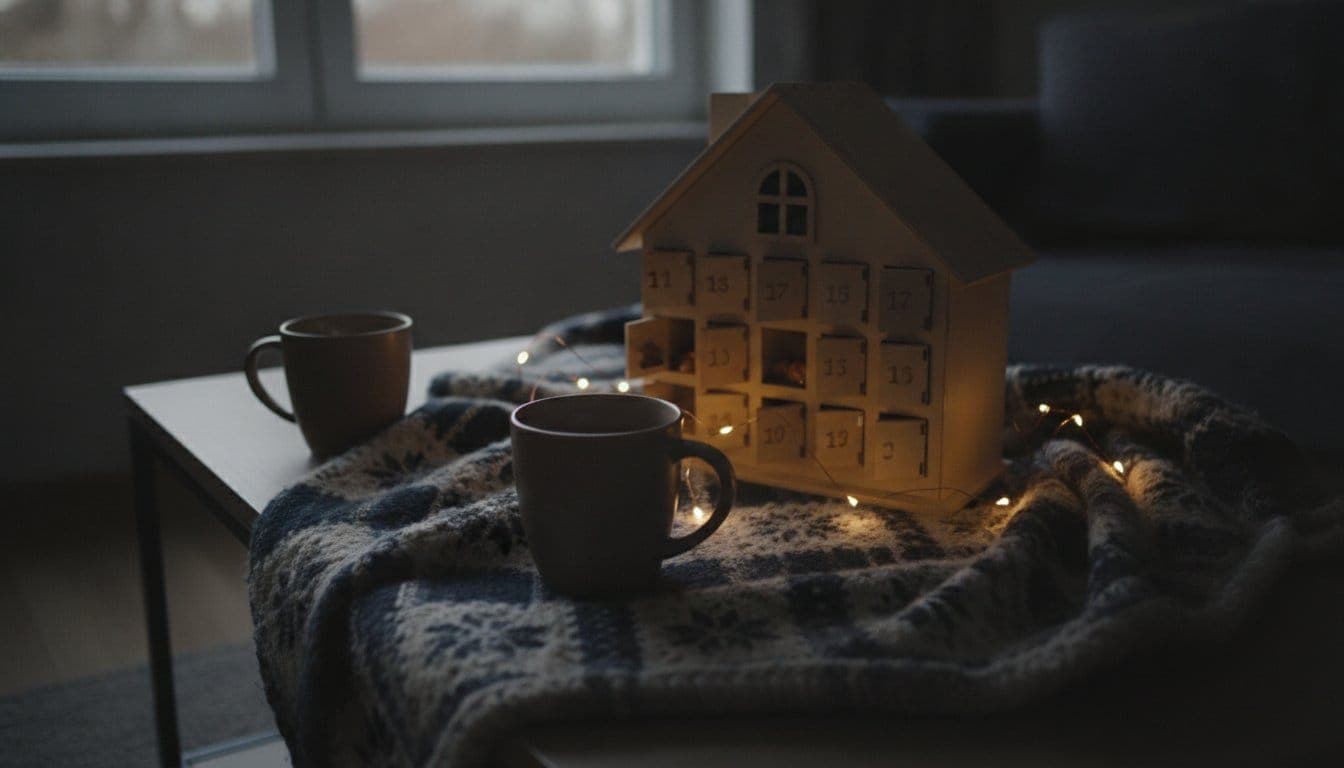Calendrier de l'avent en bois ouvert sur une table basse pour deux
