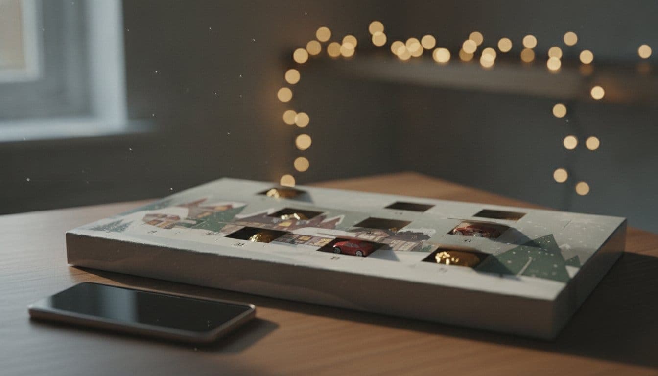 Calendrier de l'avent ouvert sur une table avec des volets soulevés