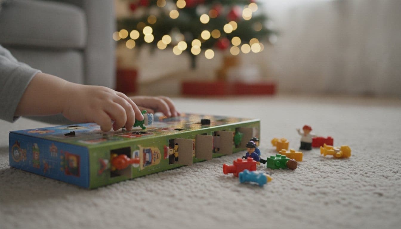 Calendrier de l'avent jouet ouvert sur un tapis de salon avec des figurines