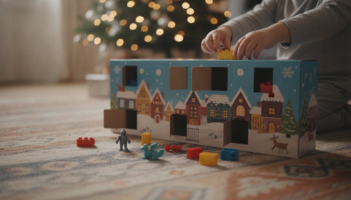 Calendrier de l'avent jouet ouvert sur un tapis de salon avec des figurines