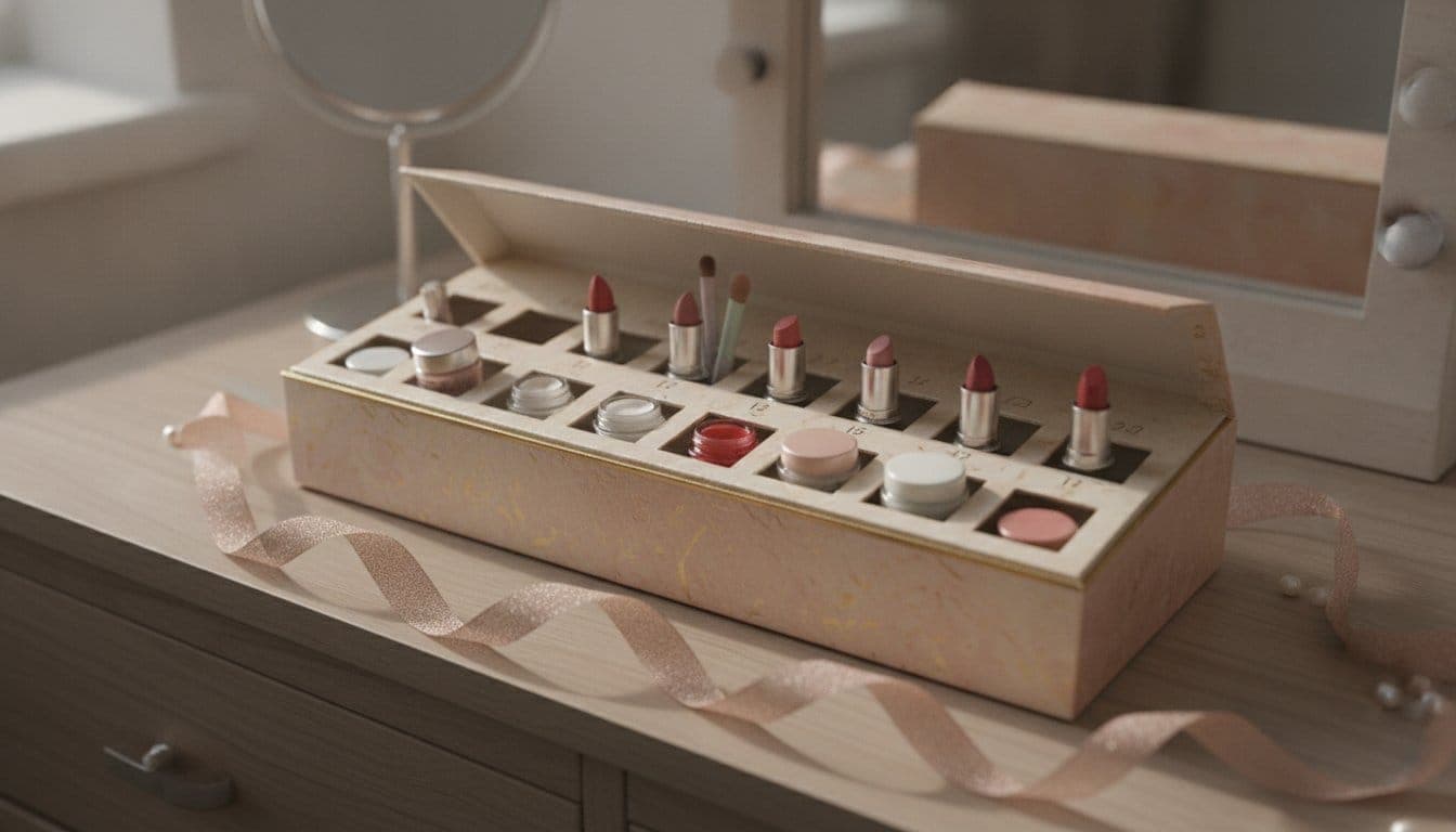 Calendrier de l'avent beauté ouvert avec des miniatures de soin sorties des cases