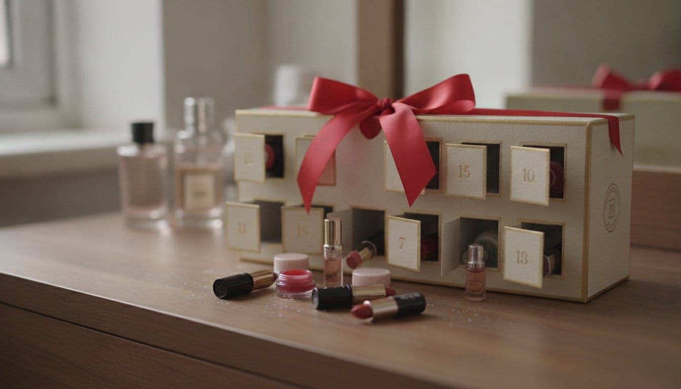 Calendrier de l'avent beauté ouvert avec des miniatures de soin sorties des cases