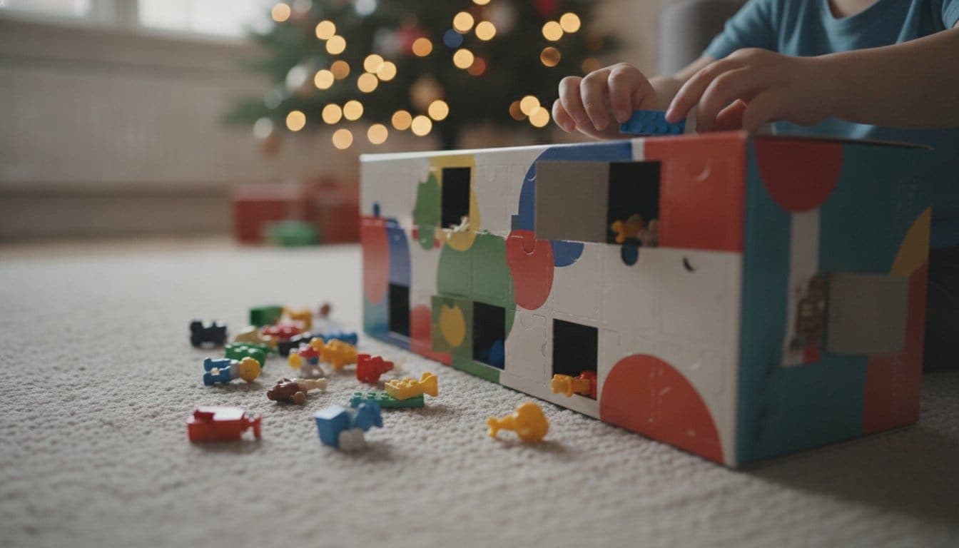Calendrier de l'avent jouet ouvert sur un tapis de salon avec des figurines