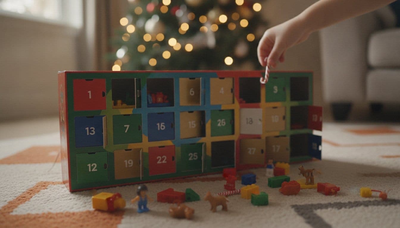 Calendrier de l'avent jouet ouvert sur un tapis de salon avec des figurines