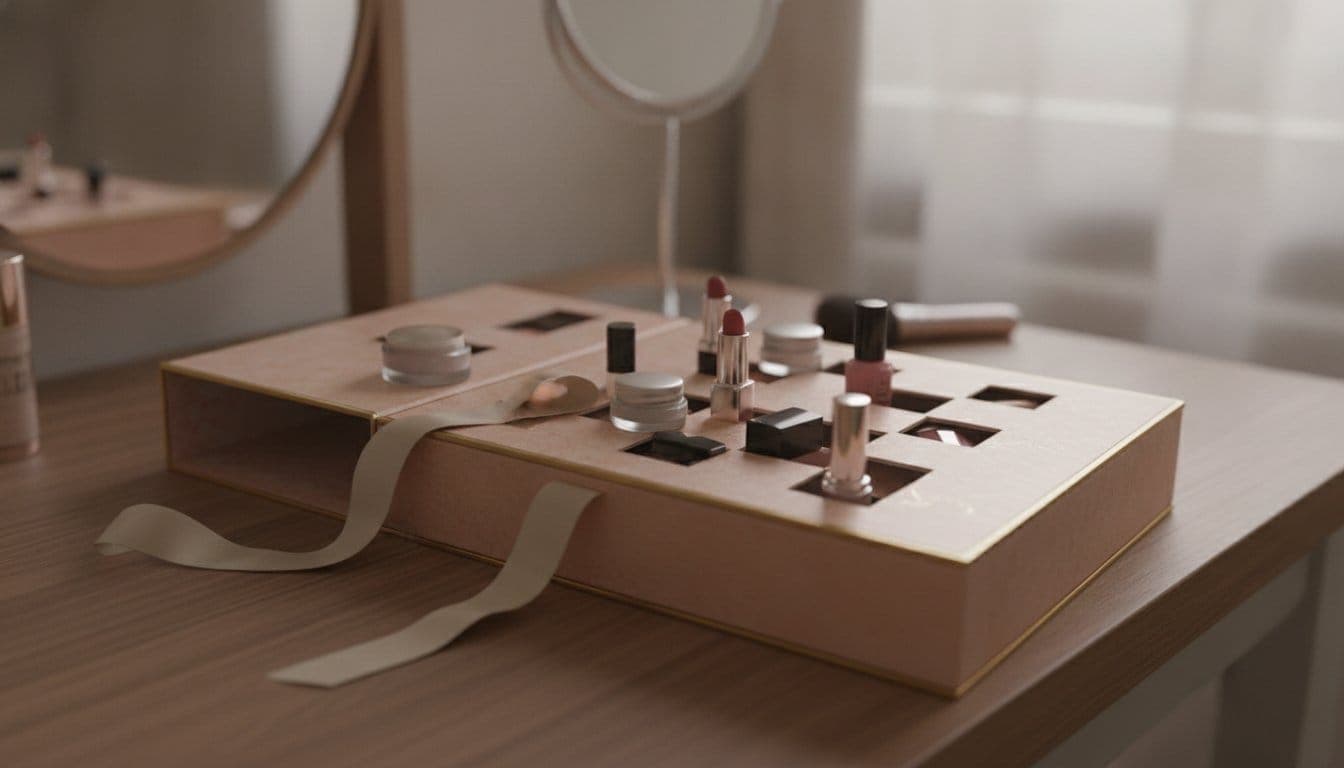 Calendrier de l'avent beauté ouvert avec des miniatures de soin sorties des cases