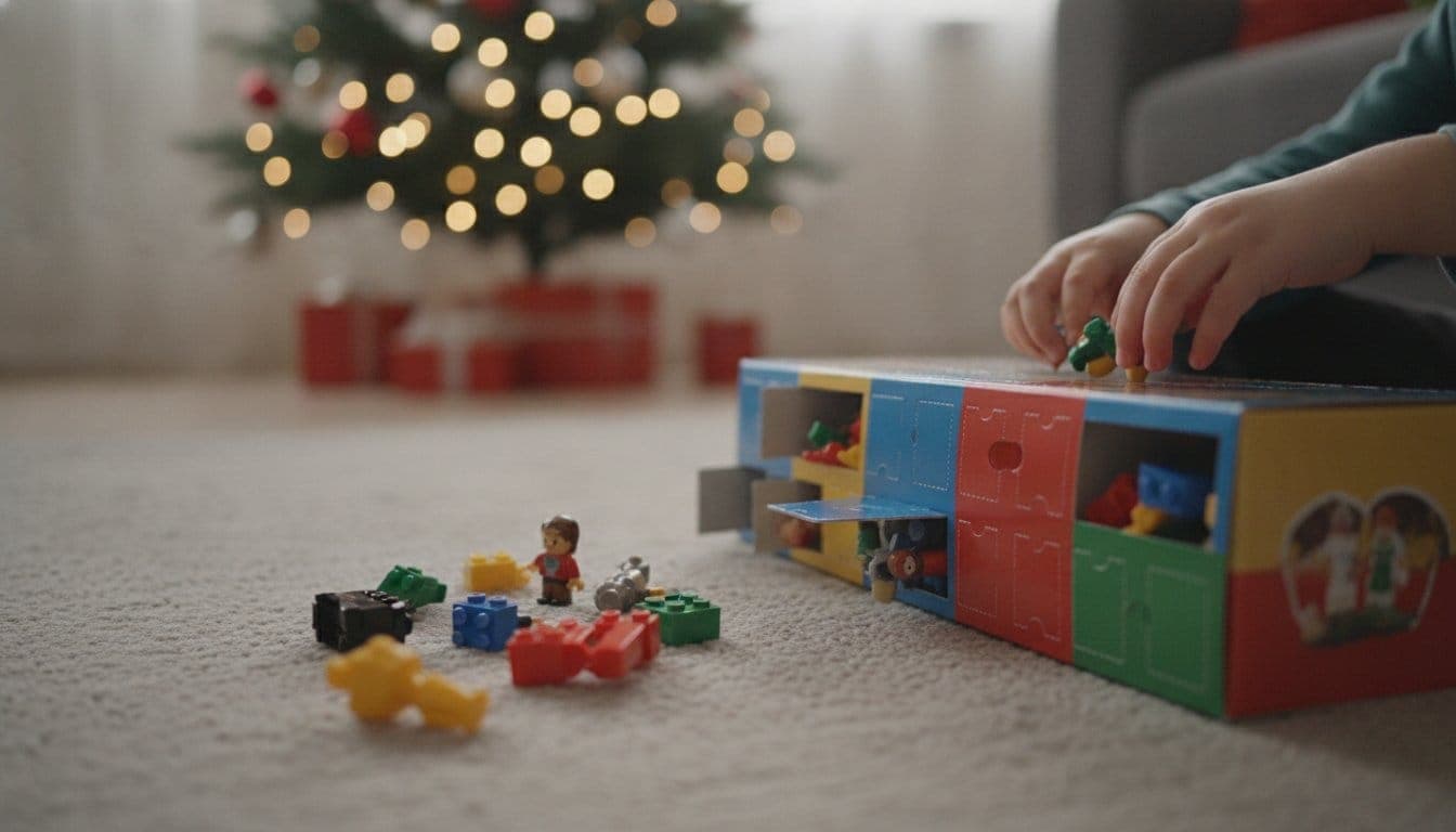 Calendrier de l'avent jouet ouvert sur un tapis de salon avec des figurines