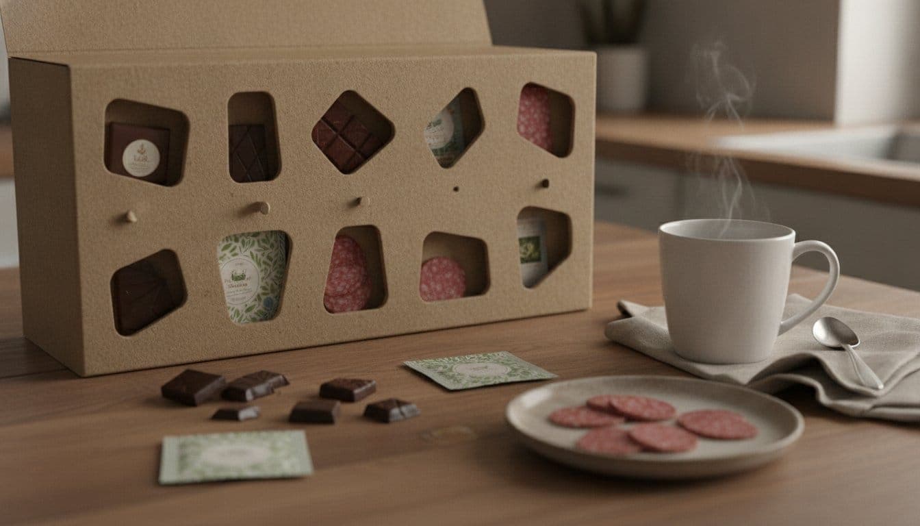 Calendrier de l'avent gourmand ouvert sur une table de cuisine