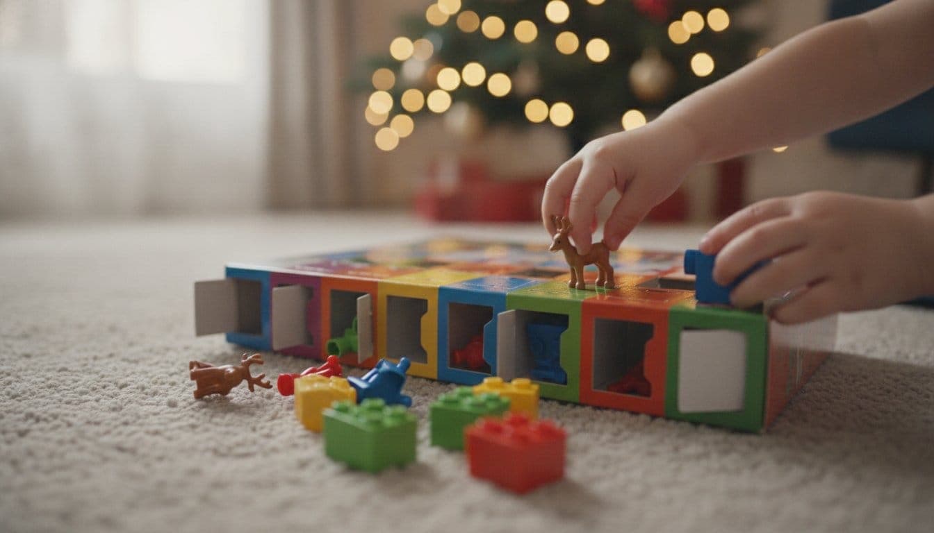 Calendrier de l'avent jouet ouvert sur un tapis de salon avec des figurines