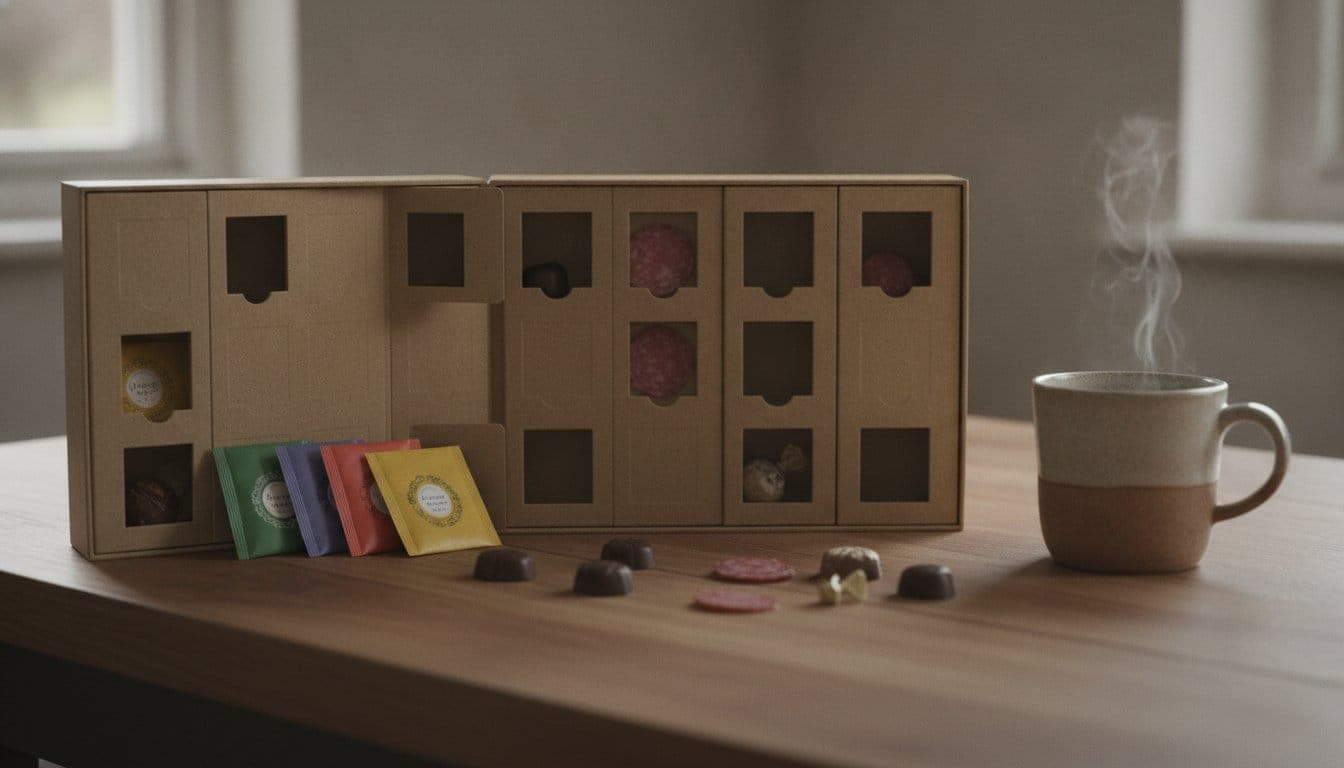 Calendrier de l'avent gourmand ouvert sur une table de cuisine