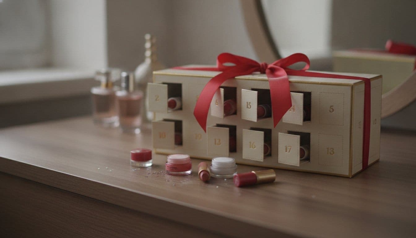Calendrier de l'avent beauté ouvert avec des miniatures de soin sorties des cases