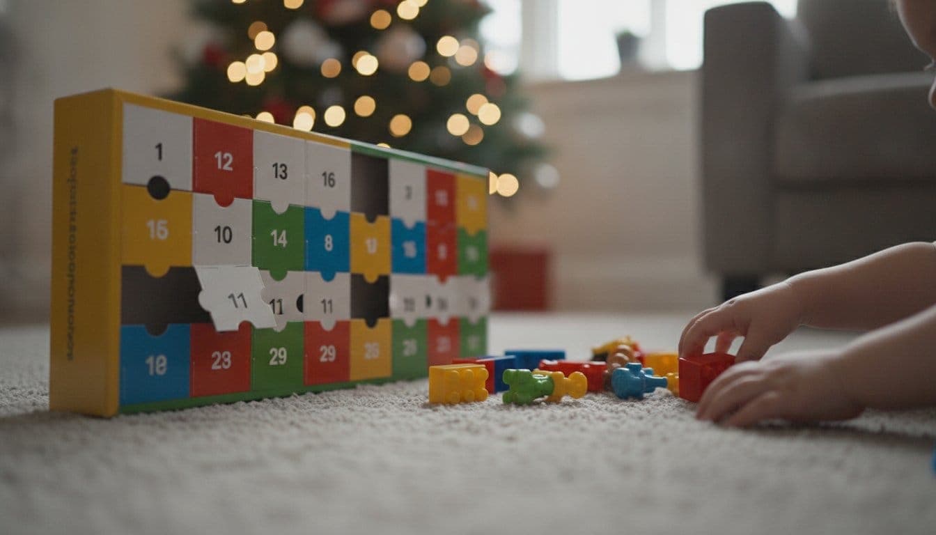 Calendrier de l'avent jouet ouvert sur un tapis de salon avec des figurines